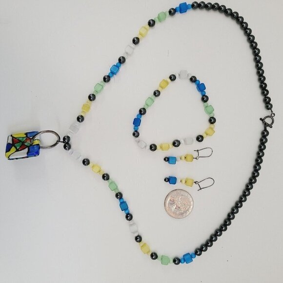 3 Piece Set Mosaic Magnetic 22" Necklace Bracelet Earrings Glass Toggle Beaded - Picture 8 of 9